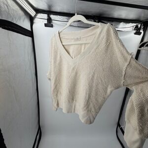 t.la Anthropologie Cream V-Neck Textured Boucle Sweatshirt Large Raw Edge Boho